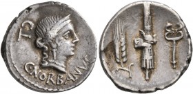 C. Norbanus, 83 BC. Denarius (Silver, 18 mm, 3.93 g, 8 h), Rome. C•NORBANVS / CL Diademed head of Venus to right, wearing pendant earring and pearl ne...
