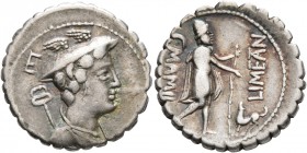 C. Mamilius Limetanus, 82 BC. Denarius (Silver, 18 mm, 3.88 g, 9 h), Rome. Draped bust of Mercury to right, wearing winged petasos and with caduceus o...