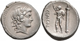 L. Censorinus, 82 BC. Denarius (Silver, 18 mm, 3.65 g, 2 h), Rome. Laureate head of Apollo to right. Rev. L•CENSOR Marsyas, bald-headed, advancing to ...