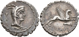 L. Papius, 79 BC. Denarius (Silver, 19 mm, 3.87 g, 7 h), Rome. Head of Juno Sospita to right, wearing goat-skin headdress; behind, control mark. Rev. ...