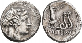 M. Volteius M.f, 78 BC. Denarius (Silver, 18 mm, 3.85 g, 6 h), Rome. Head of Liber to right, wearing wreath of ivy and fruit. Rev. [M•]VOLTEI•M•F Cere...