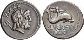 L. Lucretius Trio, 74 BC. Denarius (Silver, 19 mm, 3.88 g, 7 h), Rome. Laureate head of Neptune to right; behind head, trident and XIXXX. Rev. L•LVCRE...