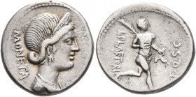L. Plaetorius L.f. Cestianus, 67 BC. Denarius (Silver, 18 mm, 3.85 g, 3 h), Rome. MONETA Draped bust of Juno Moneta to right, wearing pendant earring ...