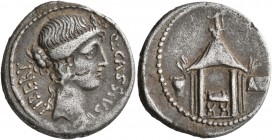 Q. Cassius Longinus, 55 BC. Denarius (Silver, 19 mm, 3.91 g, 4 h), Rome. Q•CASSIVS LIBERT Head of Libertas to right. Rev. Curule chair within hexastyl...