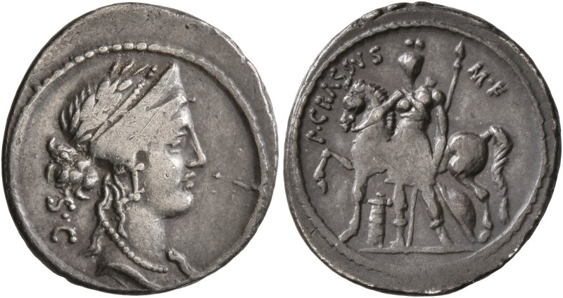 P. Licinius Crassus M.f, 55 BC. Denarius (Silver, 20 mm, 3.74 g, 5 h), Rome. Lau...