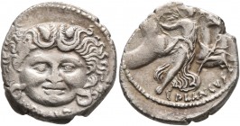 L. Plautius Plancus, 47 BC. Denarius (Silver, 18 mm, 3.85 g, 5 h), Rome. L PLAVTIVS Facing head of Medusa with coiled snake on either side. Rev. PLANC...