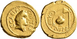 Julius Caesar, 49-44 BC. Aureus (Gold, 21 mm, 8.18 g, 9 h), with A. Hirtius, praetor. Rome, early 46. C•CAESAR COS TER Veiled female head (of Vesta or...