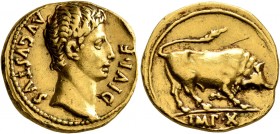 Augustus, 27 BC-AD 14. Aureus (Gold, 20 mm, 7.79 g, 7 h), Lugdunum, circa 15-13 BC. DIVI•F AVGVSTVS Bare head of Augustus to right. Rev. IMP•X Bull bu...