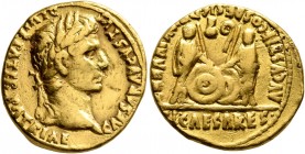 Augustus, 27 BC-AD 14. Aureus (Gold, 20 mm, 7.80 g, 1 h), Lugdunum, 2 BC-AD 4. CAESAR AVGVSTVS DIVI F PATER PATRIAE Laureate head of Augustus to right...