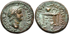 Nero, 54-68. Semis (Orichalcum, 18 mm, 5.25 g, 6 h), Rome, 62-68. NERO CAES AVG IMP Laureate head of Nero to right. Rev. CERTA QVINQ ROM CON / S C Tab...