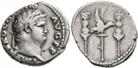 Nero, 54-68. Denarius (Silver, 19 mm, 3.51 g, 5 h), Rome, circa 67-68. IMP NERO CAESAR AVG P P Laureate head of Nero to right. Rev. Aquila between two...
