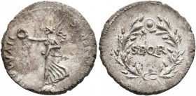 Civil Wars, 68-69. Denarius (Silver, 17 mm, 3.36 g, 6 h), revolt of Vindex, uncertain mint in Gaul. SALVS GENERIS HVMANI Victory standing left on glob...