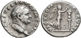 Vespasian, 69-79. Denarius (Bronze, 18 mm, 3.12 g, 6 h), Rome, 72-73. IMP CAES VESP AVG P M COS IIII Laureate head of Vespasian to right. Rev. VICTORI...