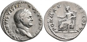 Vespasian, 69-79. Denarius (Silver, 19 mm, 3.44 g, 6 h), Rome, 75. IMP CAESAR VESPASIANVS AVG Laureate head of Vespasian to right. Rev. PON MAX TR P C...