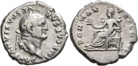 Vespasian, 69-79. Denarius (Silver, 19 mm, 3.38 g, 6 h), Rome, 75. IMP CAESAR VESPASIANVS AVG Laureate head of Vespasian to right. Rev. PON MAX TR P C...