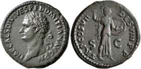 Domitian, 81-96. As (Copper, 27 mm, 11.79 g, 7 h), Rome, 13 September-31 December 81. IMP CAES DIVI VESP F DOMITIAN AVG P M Laureate head of Domitian ...