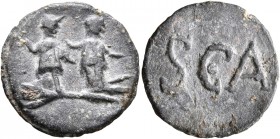 Anonymous issues. Tessera (Lead, 20 mm, 3.37 g, 1 h), circa 1st-3rd centuries. Two figures, male and female, standing front on large thunderbolt (?), ...
