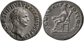 Trajan, 98-117. Denarius (Silver, 18 mm, 3.41 g, 7 h), Rome, 98. IMP CAES NERVA TRAIAN AVG GERM Laureate head of Trajan to right. Rev. PON MAX TR POT ...