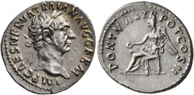 Trajan, 98-117. Denarius (Silver, 19 mm, 3.28 g, 7 h), Rome, 98. IMP CAES NERVA TRAIAN AVG GERM Laureate head of Trajan to right. Rev. PONT MAX TR POT...