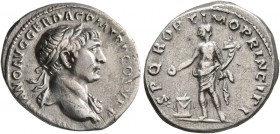 Trajan, 98-117. Denarius (Silver, 19 mm, 3.17 g, 7 h), Rome, circa 106-107. [IMP TR]AIANO AVG GER DAC P M TR P COS V P P Laureate head of Trajan to ri...