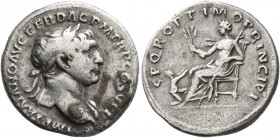 Trajan, 98-117. Denarius (Silver, 18 mm, 3.00 g, 7 h), Rome, 106-107. IMP TRAIANO AVG GER DAC P M TR P COS V P P Laureate head of Trajan to right, wit...