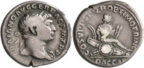 Trajan, 98-117. Denarius (Silver, 18 mm, 3.21 g, 7 h), Rome, circa 107-108. IMP TRAIANO AVG GER DAC P M TR P Laureate head of Trajan to right, with sl...