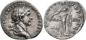 Trajan, 98-117. Denarius (Silver, 18 mm, 3.28 g, 7 h), Rome, 114-116. IMP CAES NER TRAIANO OPTIMO AVG GER DAC Laureate and draped bust of Trajan to ri...