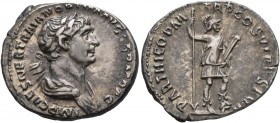 Trajan, 98-117. Denarius (Silver, 19 mm, 3.33 g, 7 h), Rome, winter 114-early 116. IMP CAES NER TRAIANO OPTIMO AVG GER DAC Laureate, draped and cuiras...