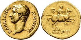 Hadrian, 117-138. Aureus (Gold, 20 mm, 7.06 g, 7 h), Rome, circa 129-130. HADRIANVS AVGVSTVS Bare head of Hadrian to left. Rev. COS III P P Hadrian, w...