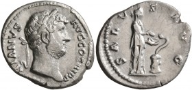 Hadrian, 117-138. Denarius (Silver, 19 mm, 3.54 g, 5 h), Rome, circa 135. HADRIANVS AVG COS III P P Laureate head of Hadrian to right. Rev. SALVS AVG ...