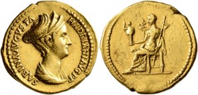 Sabina, Augusta, 128-136/7. Aureus (Gold, 21 mm, 7.21 g, 7 h), Rome, spring 129. SABINA•AVGVSTA HADRIANI•AVG P P Draped bust of Sabina to right, weari...