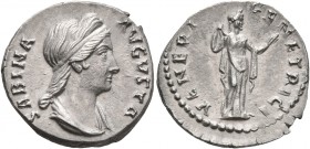 Sabina, Augusta, 128-136/7. Denarius (Silver, 18 mm, 3.37 g, 7 h), Rome, circa 137-early 138. SABINA AVGVSTA Diademed and draped bust of Sabina to rig...