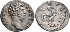 Aelius, Caesar, 136-138. Denarius (Silver, 17 mm, 3.21 g, 6 h), Rome, 137. L AELIVS CAESAR Bare head of Aelius to right. Rev. [TR POT] COS II / CONCOR...