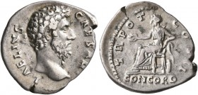Aelius, Caesar, 136-138. Denarius (Silver, 19 mm, 3.22 g, 7 h), Rome, 137. L AELIVS CAESAR Bare head of Aelius to right. Rev. TR POT COS II / CONCORD ...