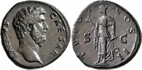 Aelius, Caesar, 136-138. Sestertius (Orichalcum, 30 mm, 23.09 g, 6 h), Rome, 137. L AELIVS CAESAR Bare head of Aelius to right. Rev. TR•POT COS•II / S...