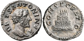 Divus Antoninus Pius, died 161. Denarius (Silver, 17 mm, 3.05 g, 6 h), struck under Marcus Aurelius, Rome. DIVVS ANTONINVS Bare head of Divus Antoninu...