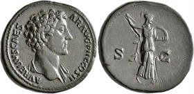 Marcus Aurelius, as Caesar, 139-161. Sestertius (Orichalcum, 31 mm, 24.46 g, 12 h), Rome, 145. AVRELIVS CAESAR AVG PII F COS II Bare-headed bust of Ma...