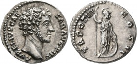 Marcus Aurelius, as Caesar, 139-161. Denarius (Silver, 18 mm, 3.65 g, 7 h), Rome, 148-149. AVRELIVS CAESAR AVG PII F Bare head of Marcus Aurelius to r...