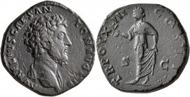 Marcus Aurelius, as Caesar, 139-161. Sestertius (Orichalcum, 31 mm, 24.39 g, 5 h), Rome, 158-159. AVRELIVS CAESAR ANTON AVG PII F Bare-headed and drap...