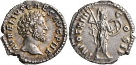 Marcus Aurelius, as Caesar, 139-161. Denarius (Silver, 18 mm, 3.69 g, 12 h), Rome, 159-160. AVRELIVS CAES AVG PII F Bare head of Marcus Aurelius to ri...