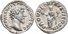 Marcus Aurelius, 161-180. Denarius (Silver, 18 mm, 3.47 g, 11 h), Rome, 161-162. IMP M AVREL ANTONINVS AVG Bare head of Marcus Aurelius to right. Rev....