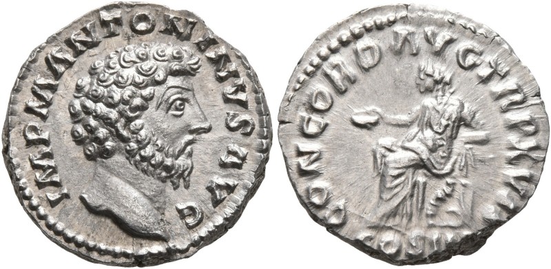 Marcus Aurelius, 161-180. Denarius (Silver, 17 mm, 3.41 g, 7 h), Rome, 162-163. ...