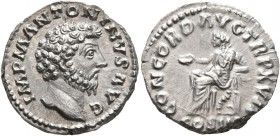 Marcus Aurelius, 161-180. Denarius (Silver, 17 mm, 3.41 g, 7 h), Rome, 162-163. IMP M ANTONINVS AVG Bare head of Marcus Aurelius to right. Rev. CONCOR...