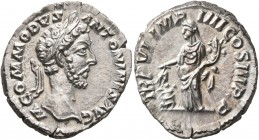 Commodus, 177-192. Denarius (Silver, 19 mm, 3.36 g, 11 h), Rome, 181. M COMMODVS ANTONINVS AVG Laureate head of Commodus to right. Rev. TR P VI IMP II...
