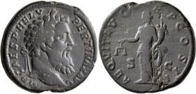 Pertinax, 193. Sestertius (Orichalcum, 31 mm, 29.50 g, 6 h), Rome. IMP CAES P HELV PERTINAX AVG Laureate head of Pertinax to right. Rev. AEQVIT AVG TR...