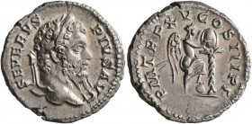 Septimius Severus, 193-211. Denarius (Silver, 20 mm, 3.78 g, 6 h), Rome, 207. SEVERVS PIVS AVG Laureate head of Septimius Severus to right. Rev. P M T...
