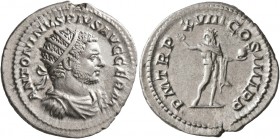 Caracalla, 198-217. Antoninianus (Silver, 24 mm, 4.80 g, 7 h), Rome, 215. ANTONINVS PIVS AVG GERM Radiate, draped and cuirassed bust of Caracalla to r...