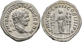 Caracalla, 198-217. Denarius (Silver, 20 mm, 3.90 g, 12 h), Rome, 215. ANTONINVS PIVS AVG GERM Laureate head of Caracalla to right. Rev. P M TR P XVII...