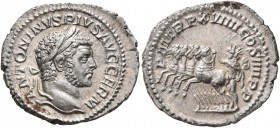 Caracalla, 198-217. Denarius (Silver, 20 mm, 3.00 g, 1 h), Rome, 216. ANTONINVS PIVS AVG GERM Laureate head of Caracalla to right. Rev. P M TR P XVIII...