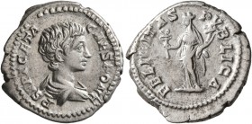 Geta, as Caesar, 198-209. Denarius (Silver, 19 mm, 4.00 g, 6 h), Rome, 198-200. P SEPT GETA CAES PONT Bare-headed and draped bust of Geta to right, se...